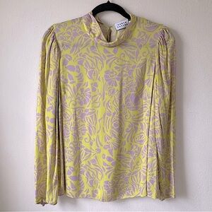 TANYA TAYLOR MOCK NECK ART DECO FLORAL BLOUSE TOP WHIMSICAL Green Purple 8